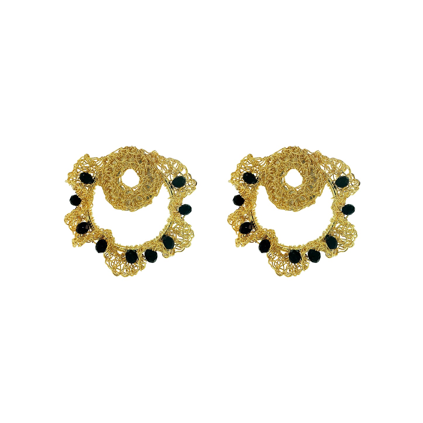 black-Gold-Nalu-Circle-Post-Handmade-Crochet-Earrings-handmade-crochet-circle-post-with-unique-design-18k-gold-filled-wire-hypoallergenic-lightweight-statement-jewelry