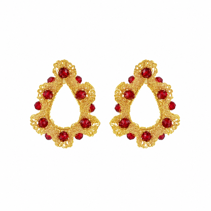 Red & Gold Nalu Teardrop Handmade Crochet Earrings