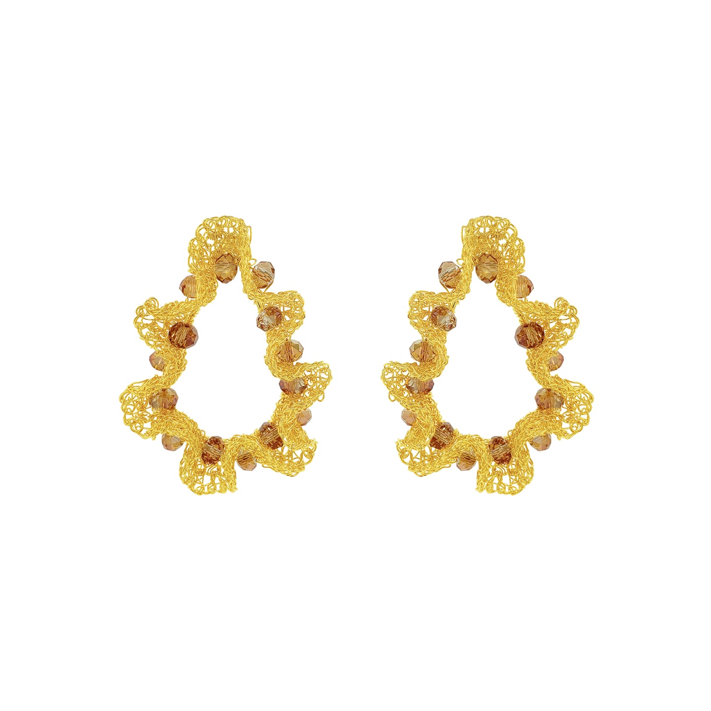 Amber-Gold-Nalu-maxi-teardrop-Handmade-Crochet-Earrings handmade-crochet-teardrop-with-unique-design-18k-gold-filled-wire-hypoallergenic-lightweight-statement