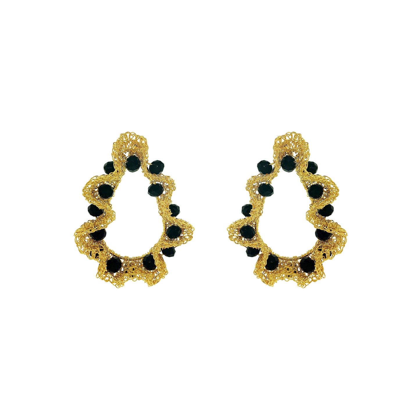 Black-Gold-Nalu-maxi-teardrop-Handmade-Crochet-Earrings handmade-crochet-teardrop-with-unique-design-18k-gold-filled-wire-hypoallergenic-lightweight-statement