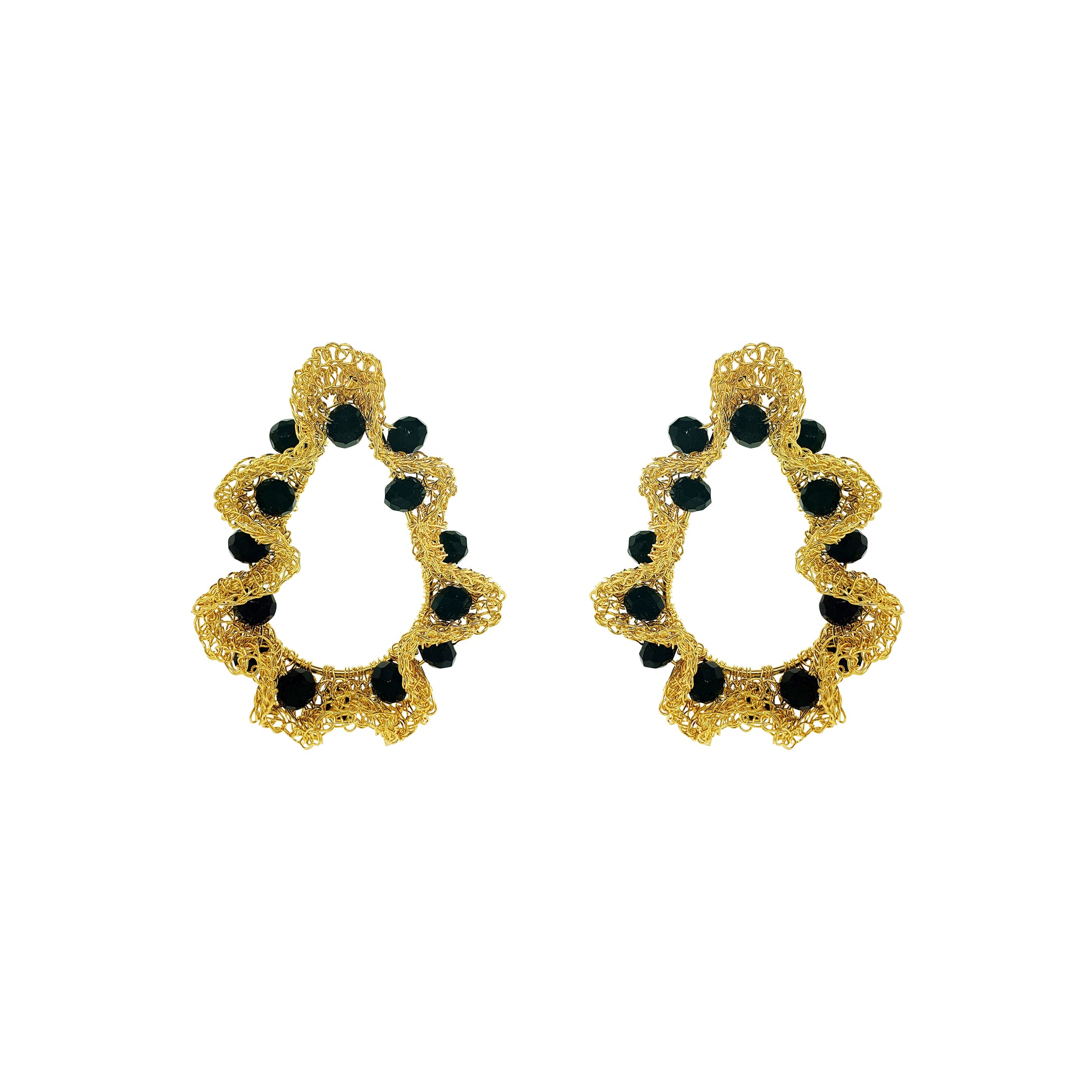 Black-Gold-Nalu-maxi-teardrop-Handmade-Crochet-Earrings handmade-crochet-teardrop-with-unique-design-18k-gold-filled-wire-hypoallergenic-lightweight-statement