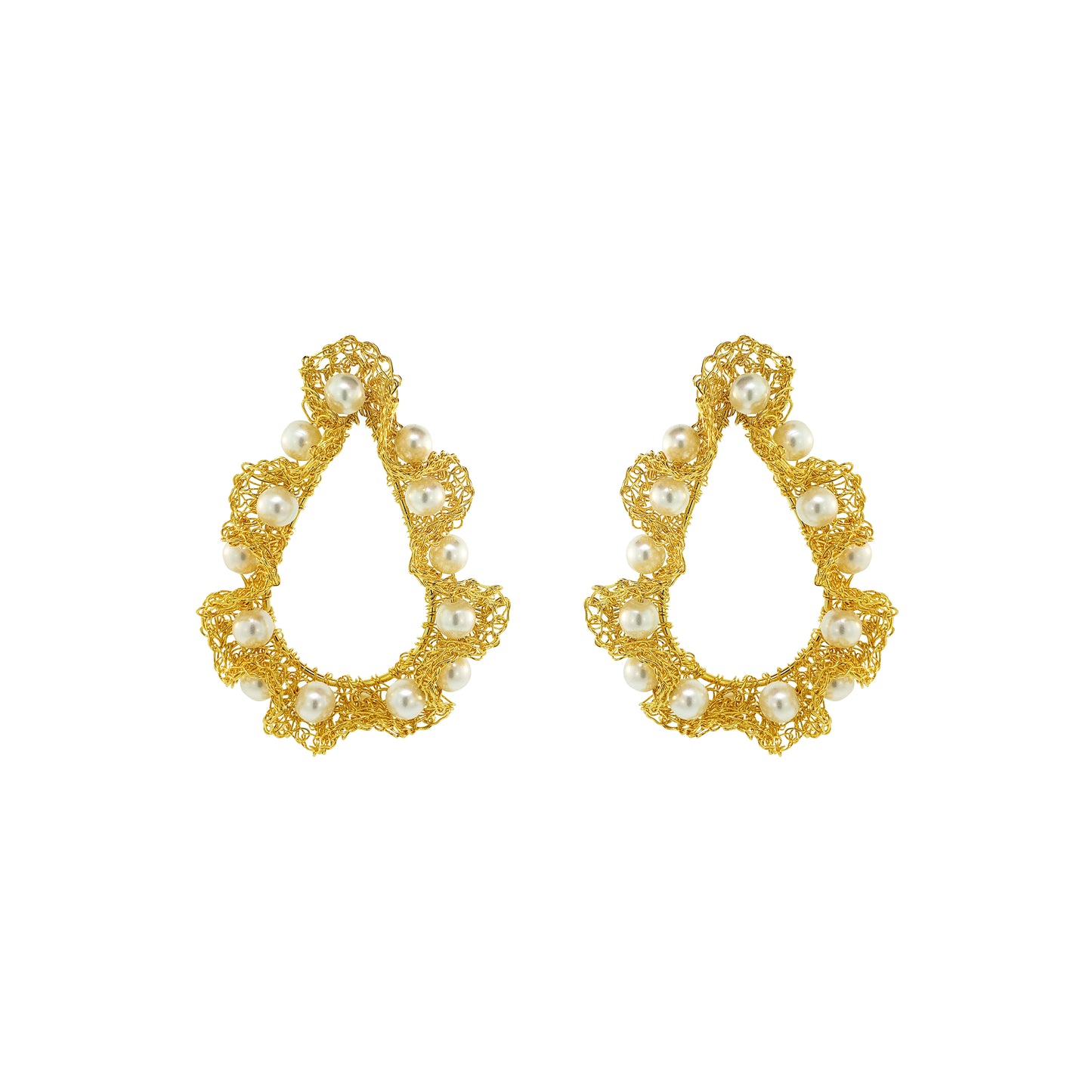 Pearl-Gold-Nalu-maxi-teardrop-Handmade-Crochet-Earrings handmade-crochet-teardrop-with-unique-design-18k-gold-filled-wire-hypoallergenic-lightweight-statement
