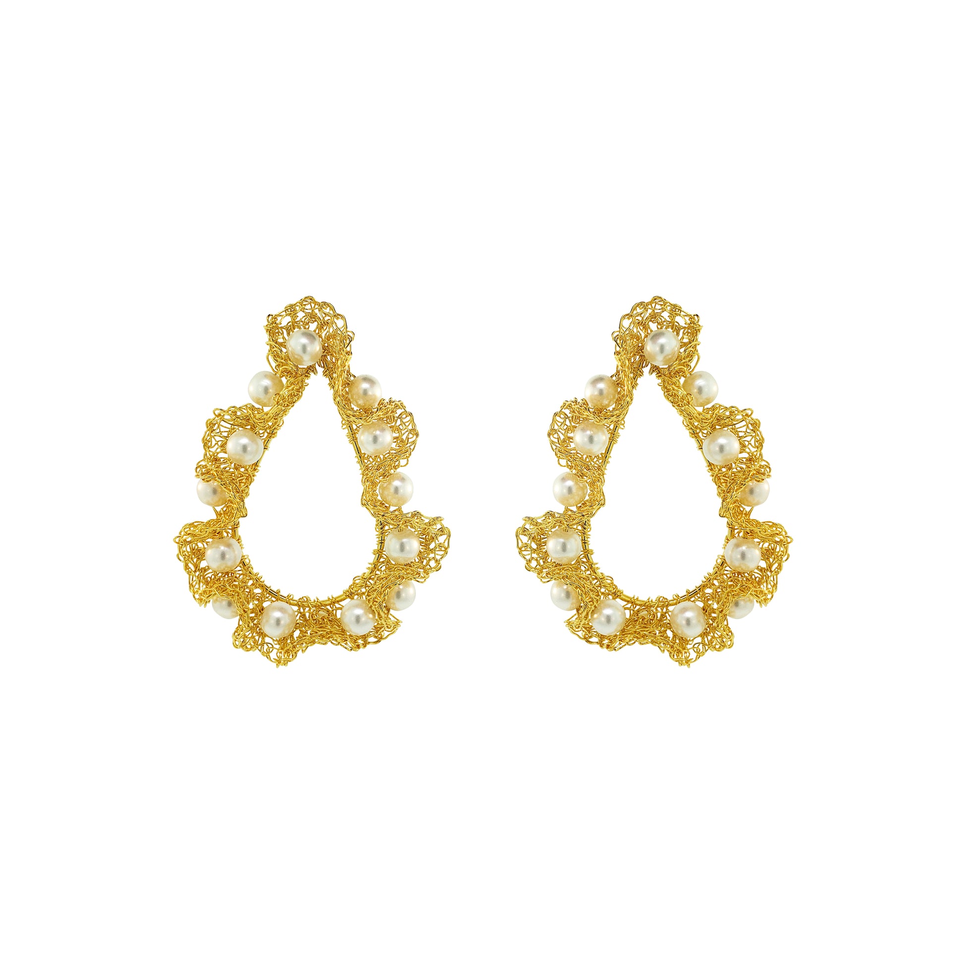 Pearl-Gold-Nalu-maxi-teardrop-Handmade-Crochet-Earrings handmade-crochet-teardrop-with-unique-design-18k-gold-filled-wire-hypoallergenic-lightweight-statement