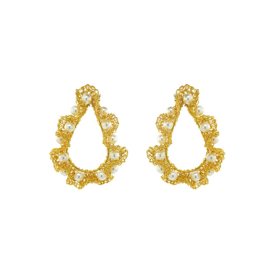 Pearl-Gold-Nalu-maxi-teardrop-Handmade-Crochet-Earrings handmade-crochet-teardrop-with-unique-design-18k-gold-filled-wire-hypoallergenic-lightweight-statement