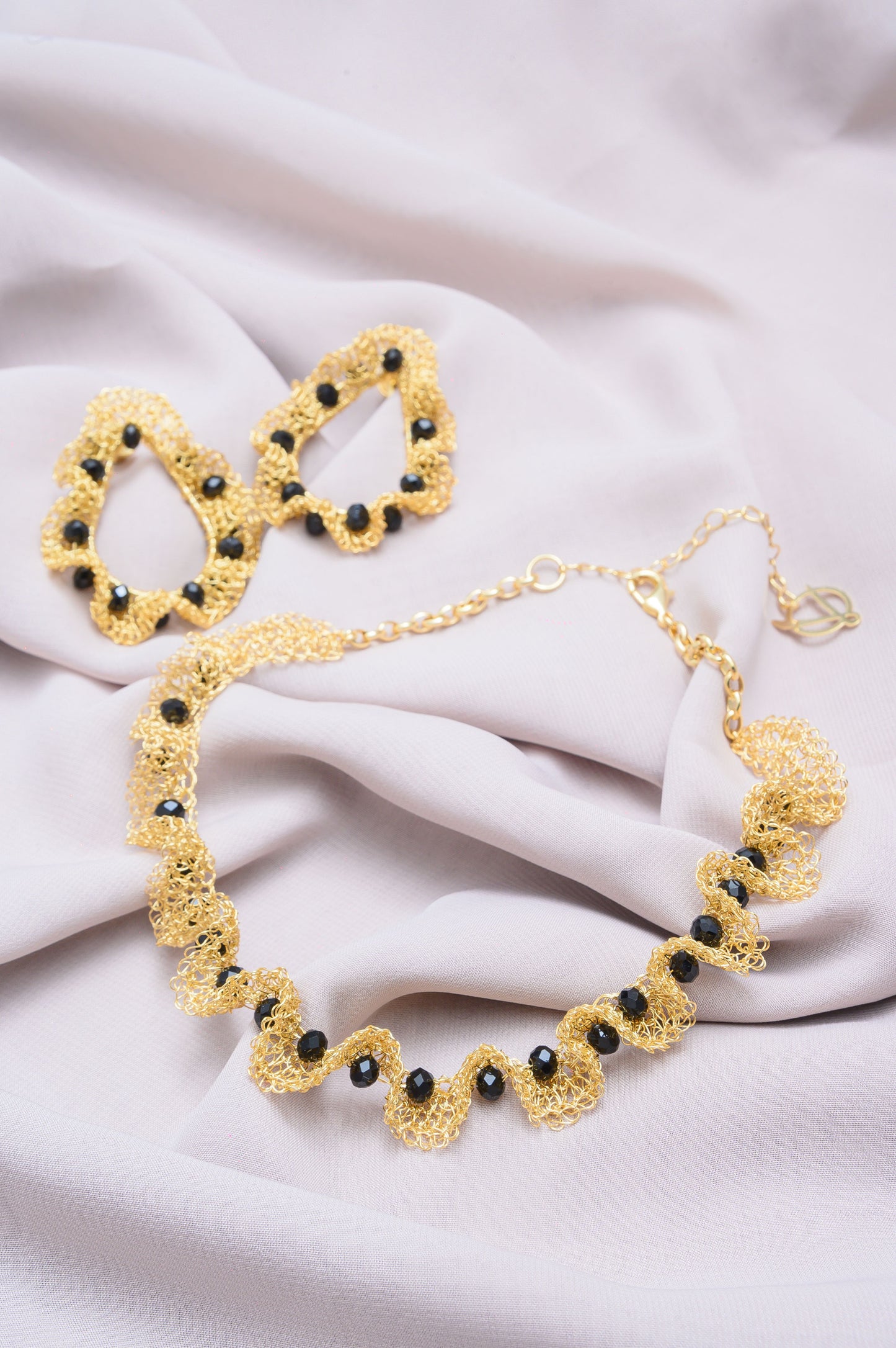Black-Gold-Nalu-maxi-teardrop-Handmade-Crochet-Earrings handmade-crochet-teardrop-with-unique-design-18k-gold-filled-wire-hypoallergenic-lightweight-statement-necklace