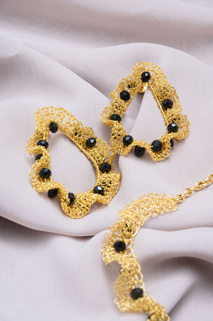 Black-Gold-Nalu-maxi-teardrop-Handmade-Crochet-Earrings handmade-crochet-teardrop-with-unique-design-18k-gold-filled-wire-hypoallergenic-lightweight-statement-ps