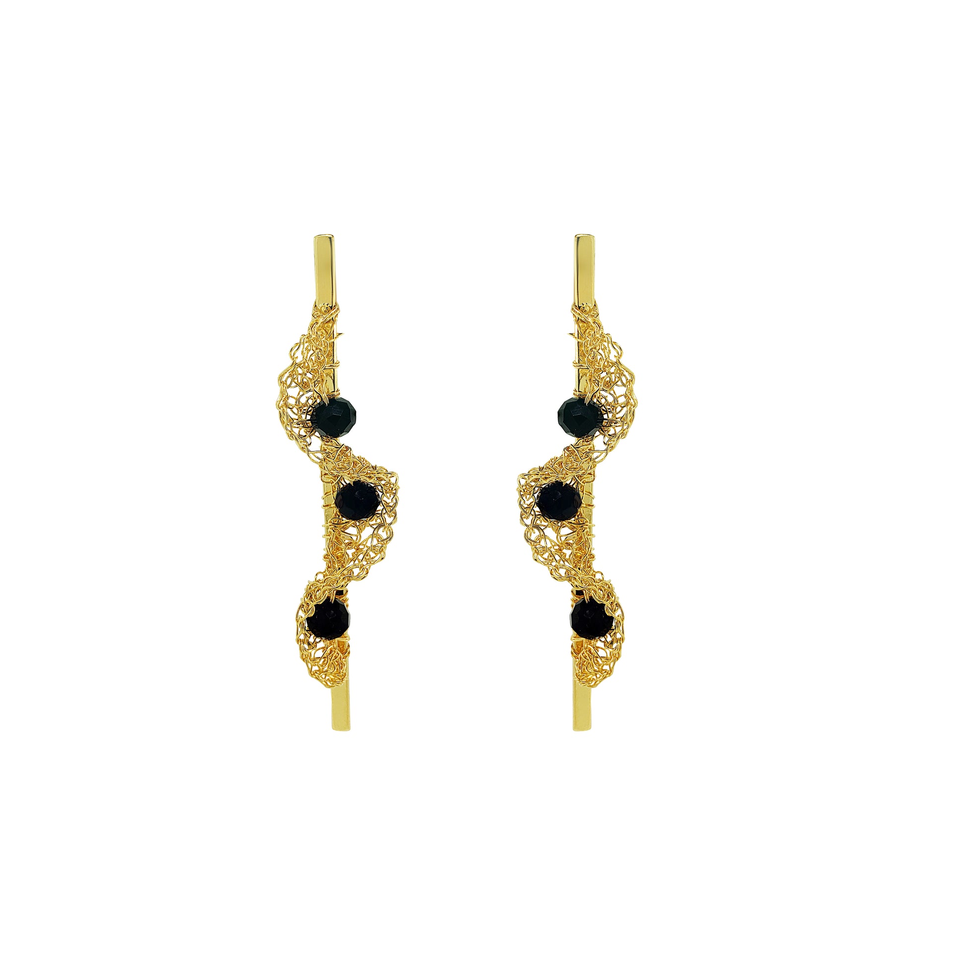 Black-Gold-Nalu-Drop-Handmade-Crochet-Earrings-handmade-crochet-drop-with-unique-design-18k-gold-filled-wire-hypoallergenic-lightweight-statement