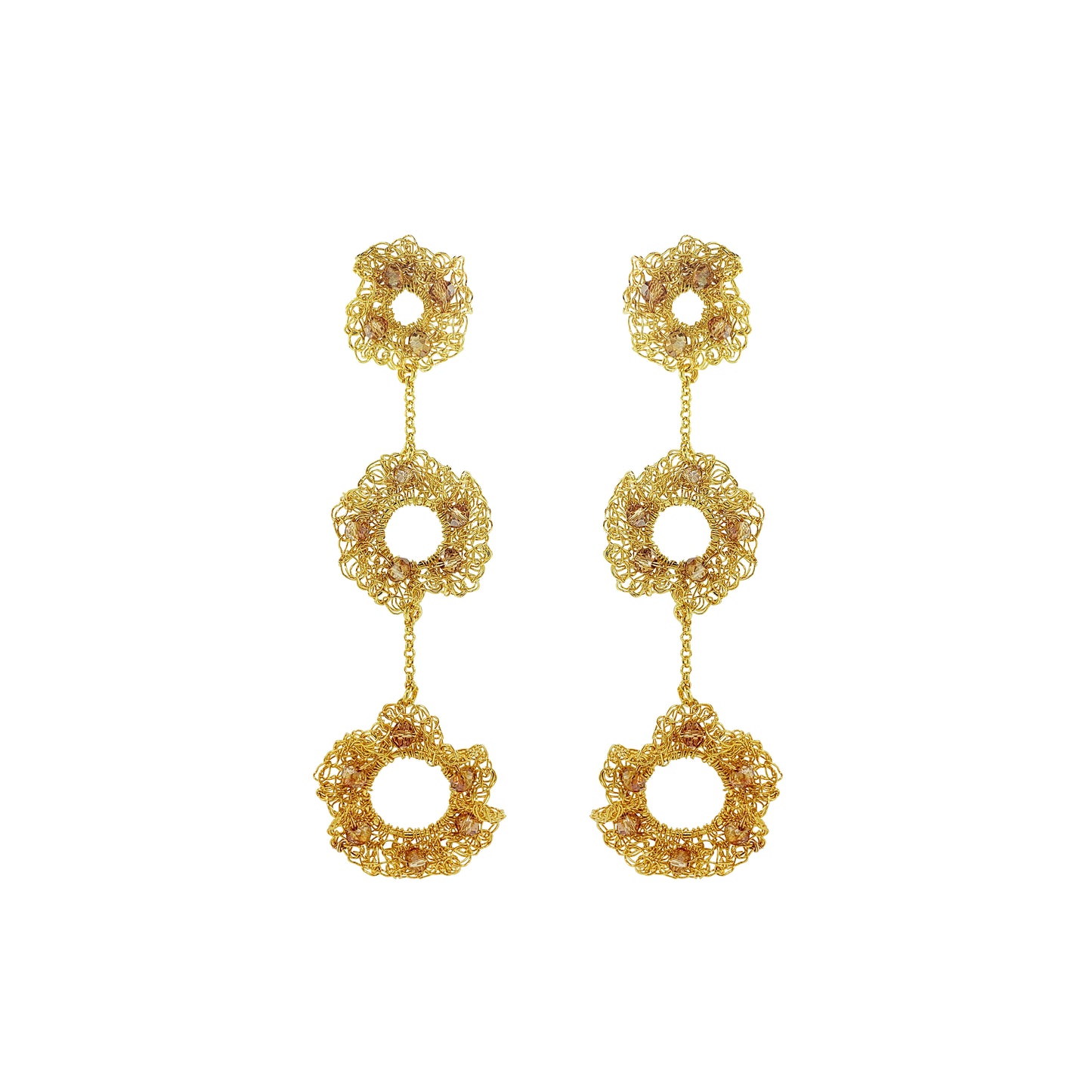 Amber-Gold-Nalu-trio-dangle-Handmade-Crochet-Earrings-handmade-crochet-cascade-with-unique-design-18k-gold-filled-wire-hypoallergenic-lightweight-statement
