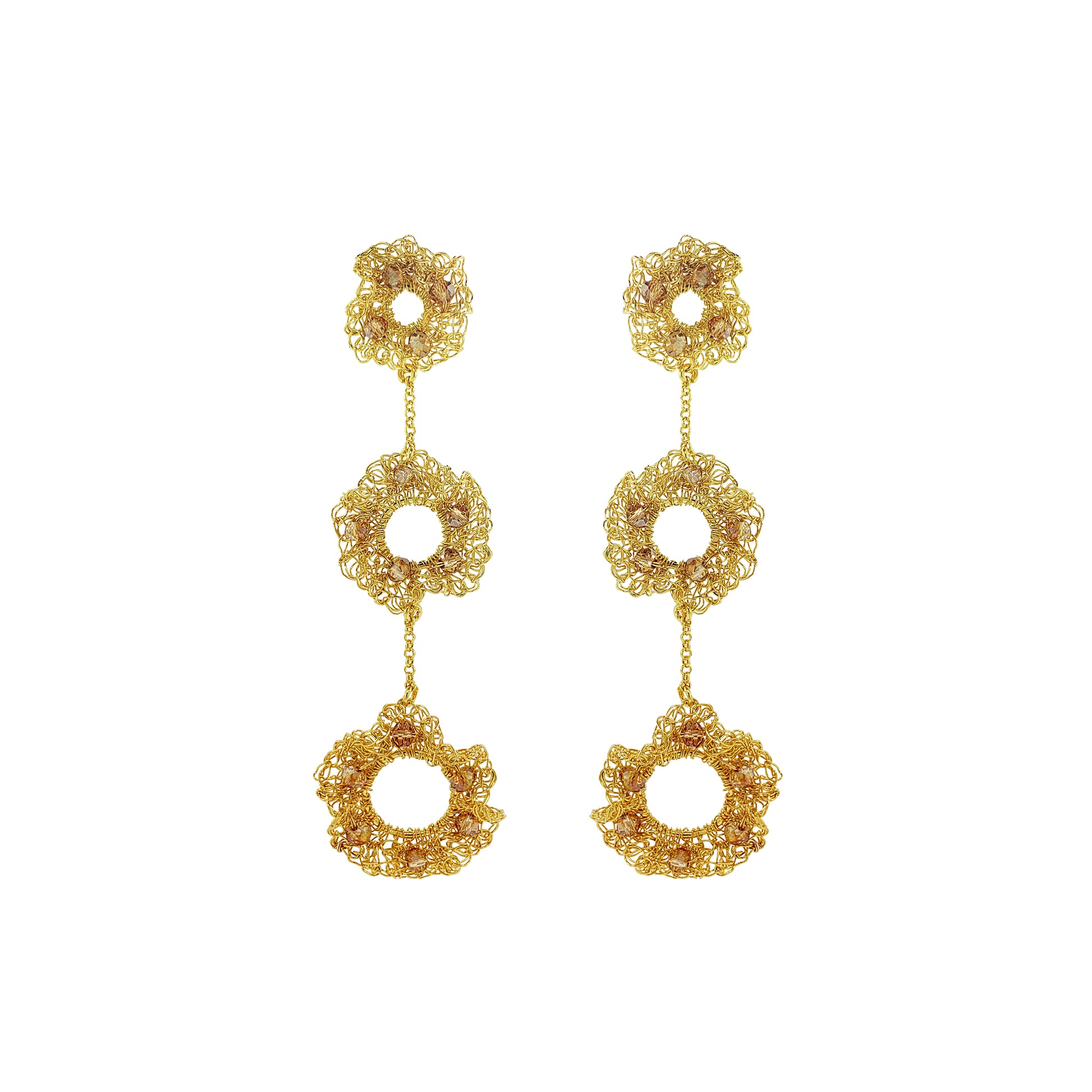 Amber-Gold-Nalu-trio-dangle-Handmade-Crochet-Earrings-handmade-crochet-cascade-with-unique-design-18k-gold-filled-wire-hypoallergenic-lightweight-statement