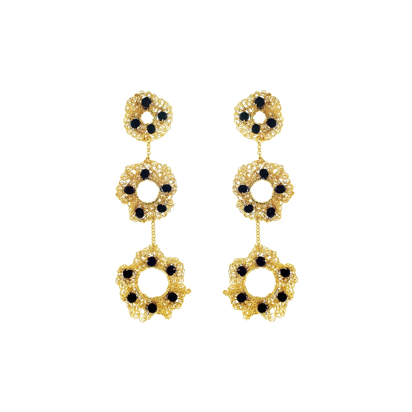 Black-Gold-Nalu-trio-dangle-Handmade-Crochet-Earrings-handmade-crochet-cascade-with-unique-design-18k-gold-filled-wire-hypoallergenic-lightweight-statement