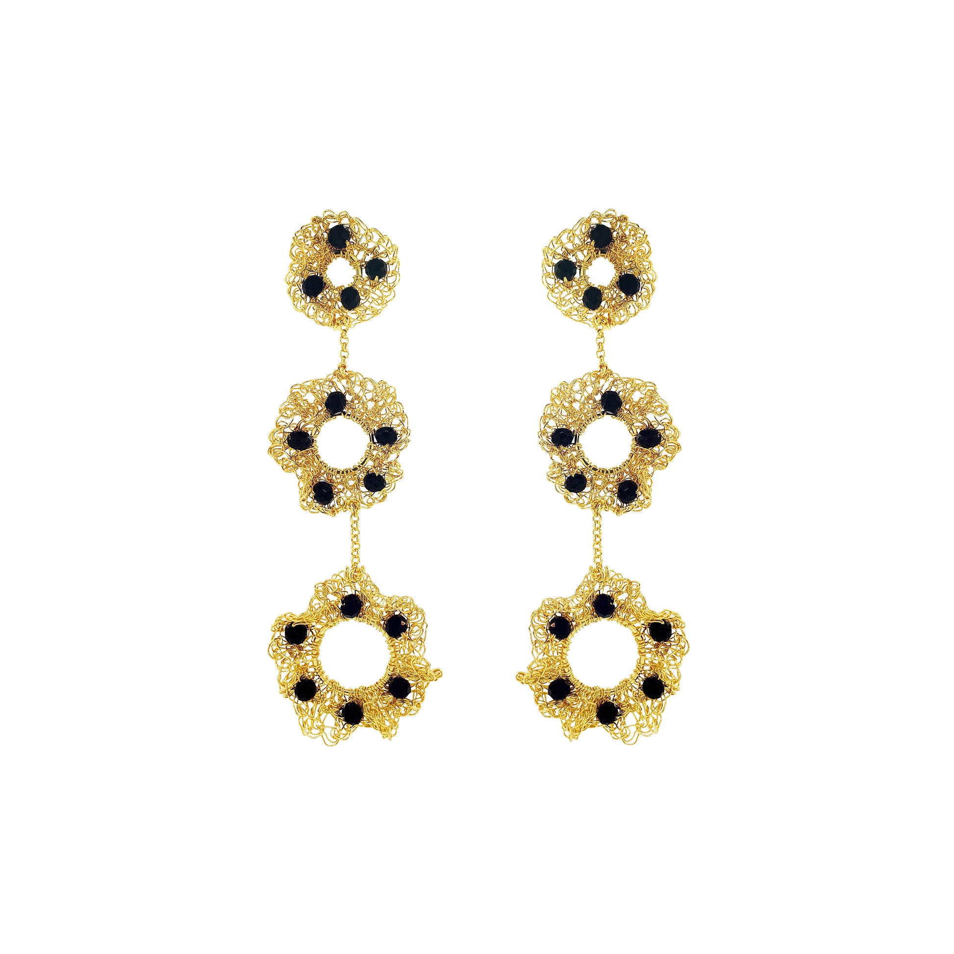 Black-Gold-Nalu-trio-dangle-Handmade-Crochet-Earrings-handmade-crochet-cascade-with-unique-design-18k-gold-filled-wire-hypoallergenic-lightweight-statement