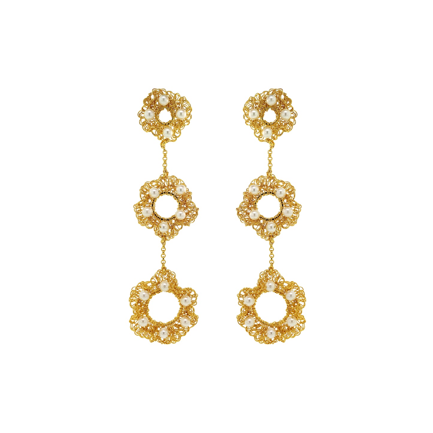 White-Gold-Nalu-trio-dangle-Handmade-Crochet-Earrings-handmade-crochet-cascade-with-unique-design-18k-gold-filled-wire-hypoallergenic-lightweight-statement