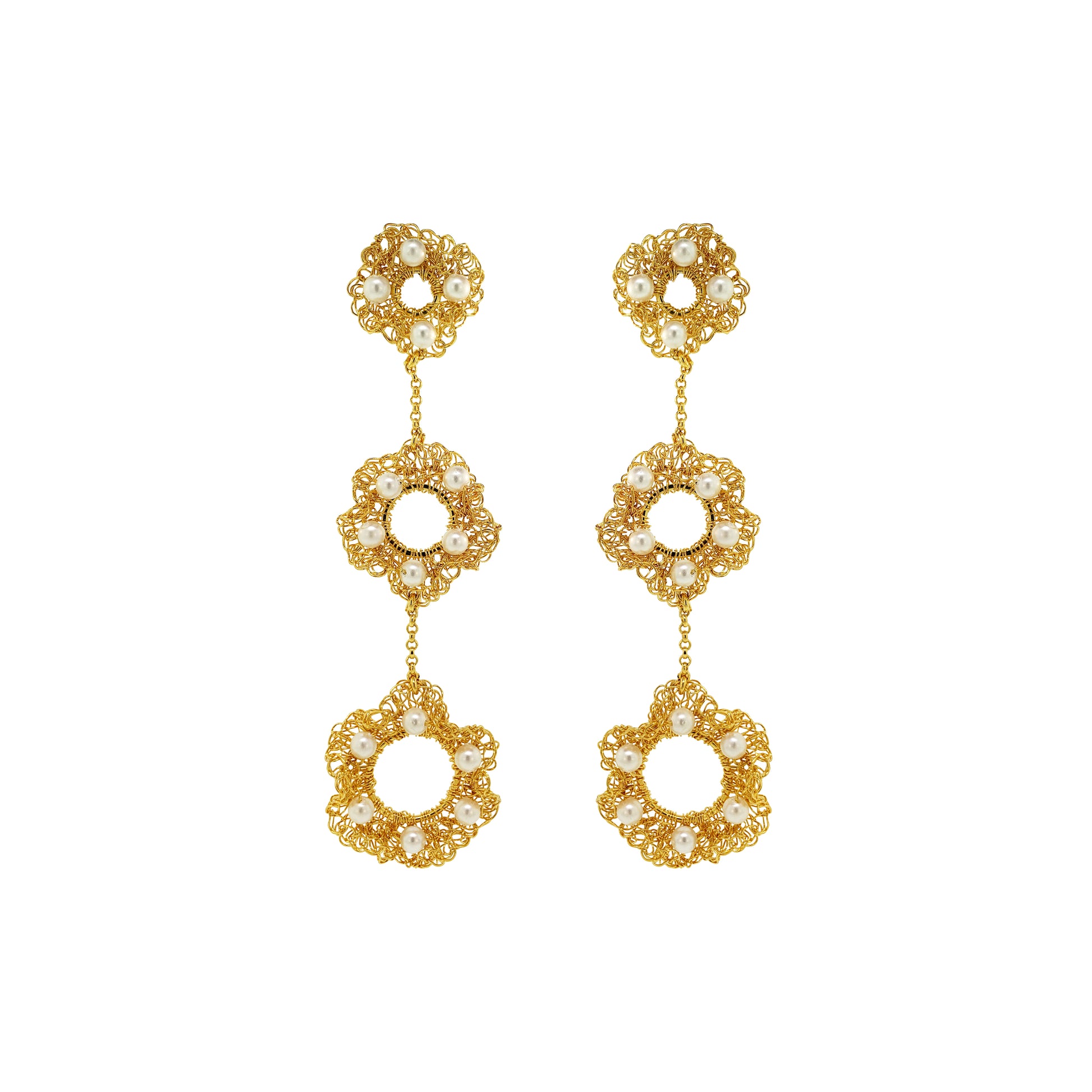 White-Gold-Nalu-trio-dangle-Handmade-Crochet-Earrings-handmade-crochet-cascade-with-unique-design-18k-gold-filled-wire-hypoallergenic-lightweight-statement