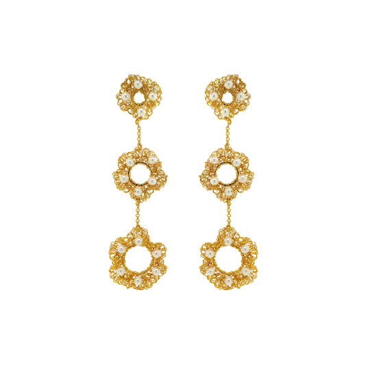 White-Gold-Nalu-trio-dangle-Handmade-Crochet-Earrings-handmade-crochet-cascade-with-unique-design-18k-gold-filled-wire-hypoallergenic-lightweight-statement