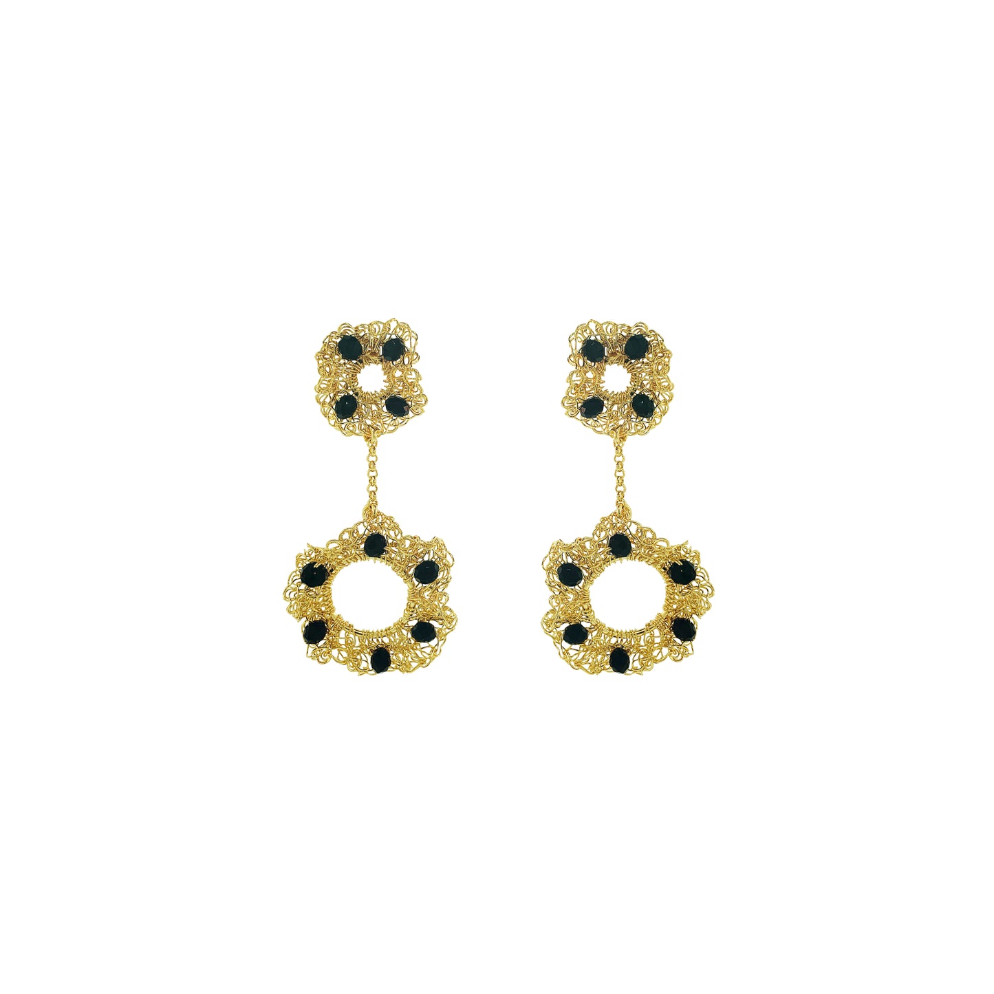 Black-Gold-Nalu-dangle-Handmade-Crochet-Earrings handmade-crochet-dangle-with-unique-design-18k-gold-filled-wire-hypoallergenic-lightweight-statement