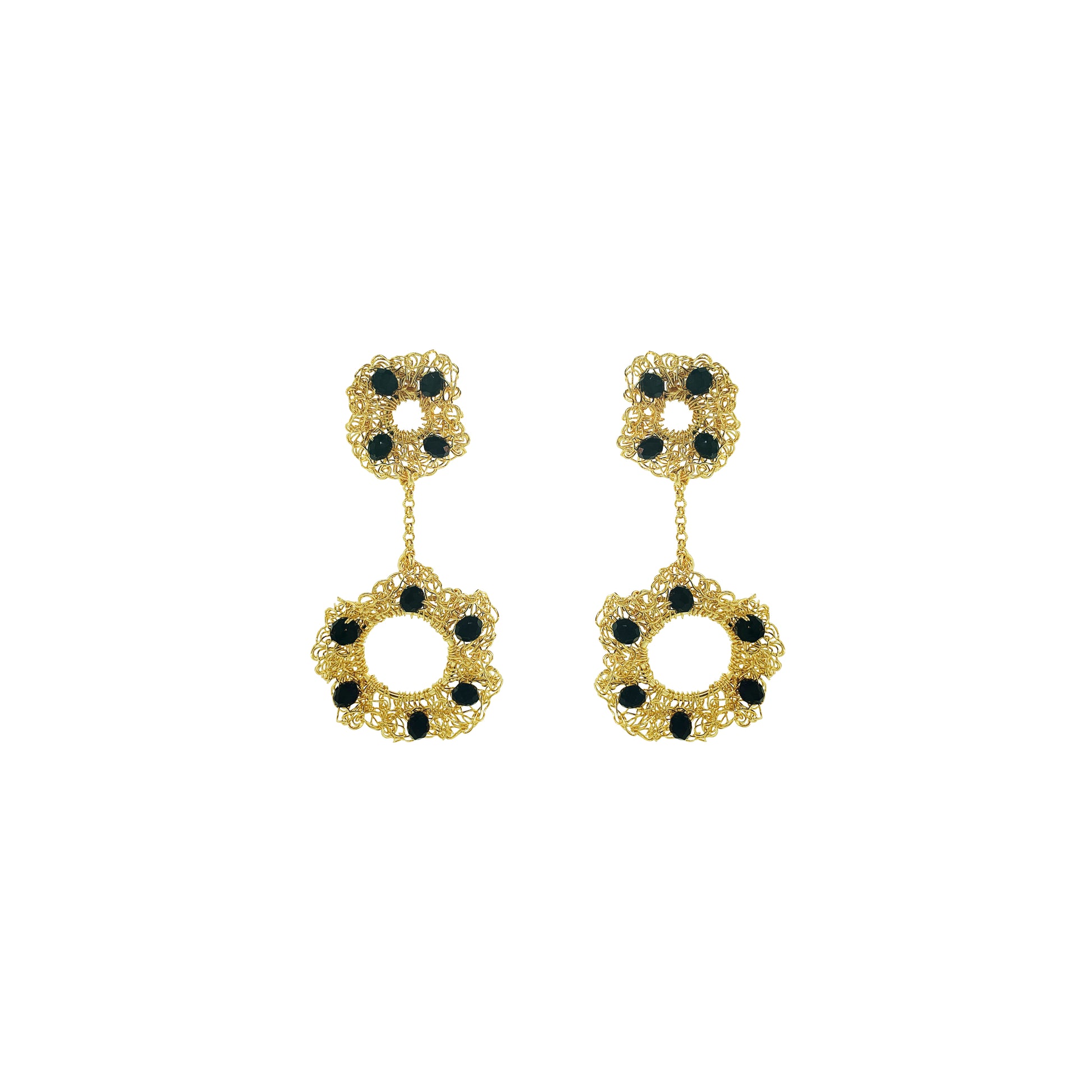 Black-Gold-Nalu-dangle-Handmade-Crochet-Earrings handmade-crochet-dangle-with-unique-design-18k-gold-filled-wire-hypoallergenic-lightweight-statement