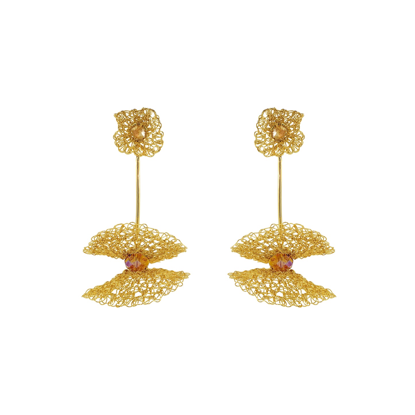 Amber-Gold-Nalu-maxi-dangle-Handmade-Crochet-Earrings handmade-crochet-large-dangle-with-unique-design-18k-gold-filled-wire-hypoallergenic-lightweight-statement