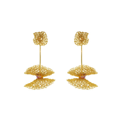 Amber-Gold-Nalu-maxi-dangle-Handmade-Crochet-Earrings handmade-crochet-large-dangle-with-unique-design-18k-gold-filled-wire-hypoallergenic-lightweight-statement