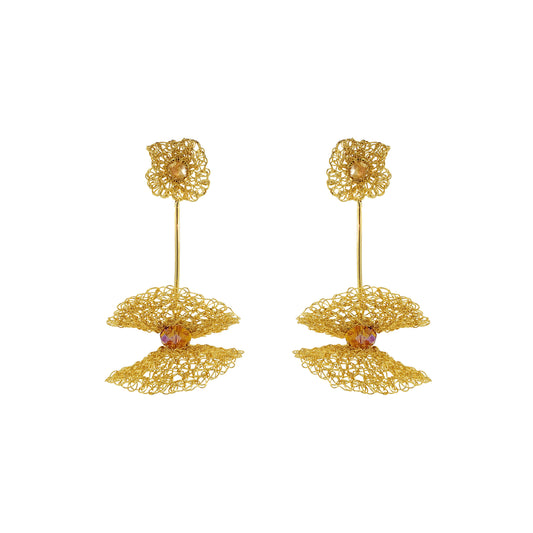 Amber-Gold-Nalu-maxi-dangle-Handmade-Crochet-Earrings handmade-crochet-large-dangle-with-unique-design-18k-gold-filled-wire-hypoallergenic-lightweight-statement