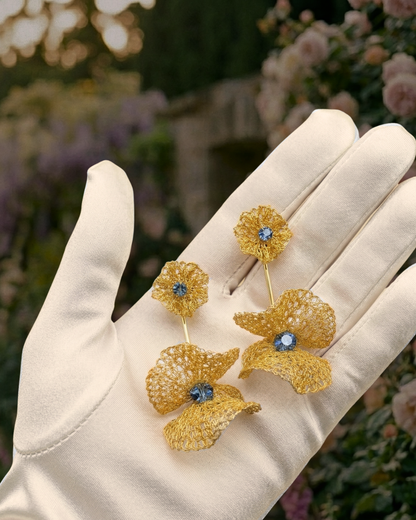 Blue & Gold Nalu Maxi Dangle Handmade Crochet Earrings