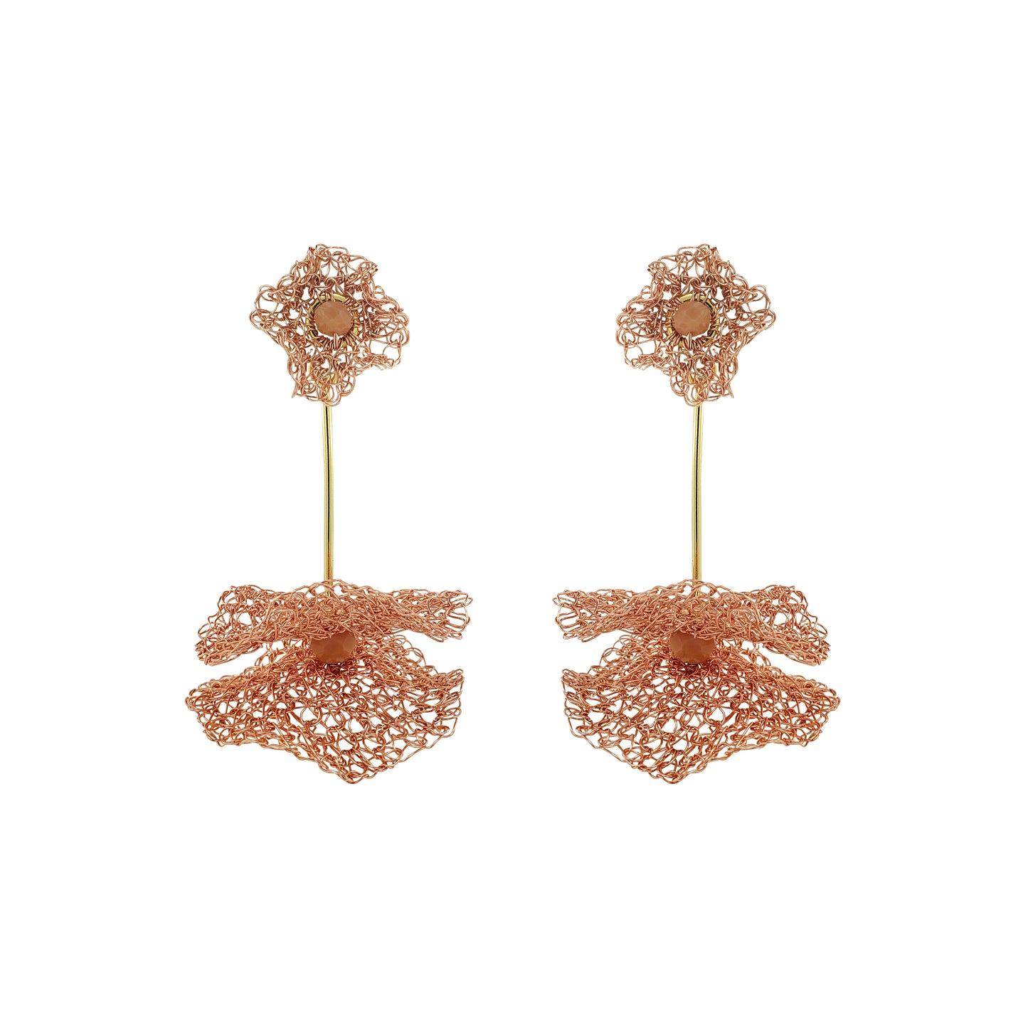 Peach-Pink-Gold-Nalu-maxi-dangle-Handmade-Crochet-Earrings handmade-crochet-large-dangle-with-unique-design-18k-gold-filled-wire-hypoallergenic-lightweight-statement