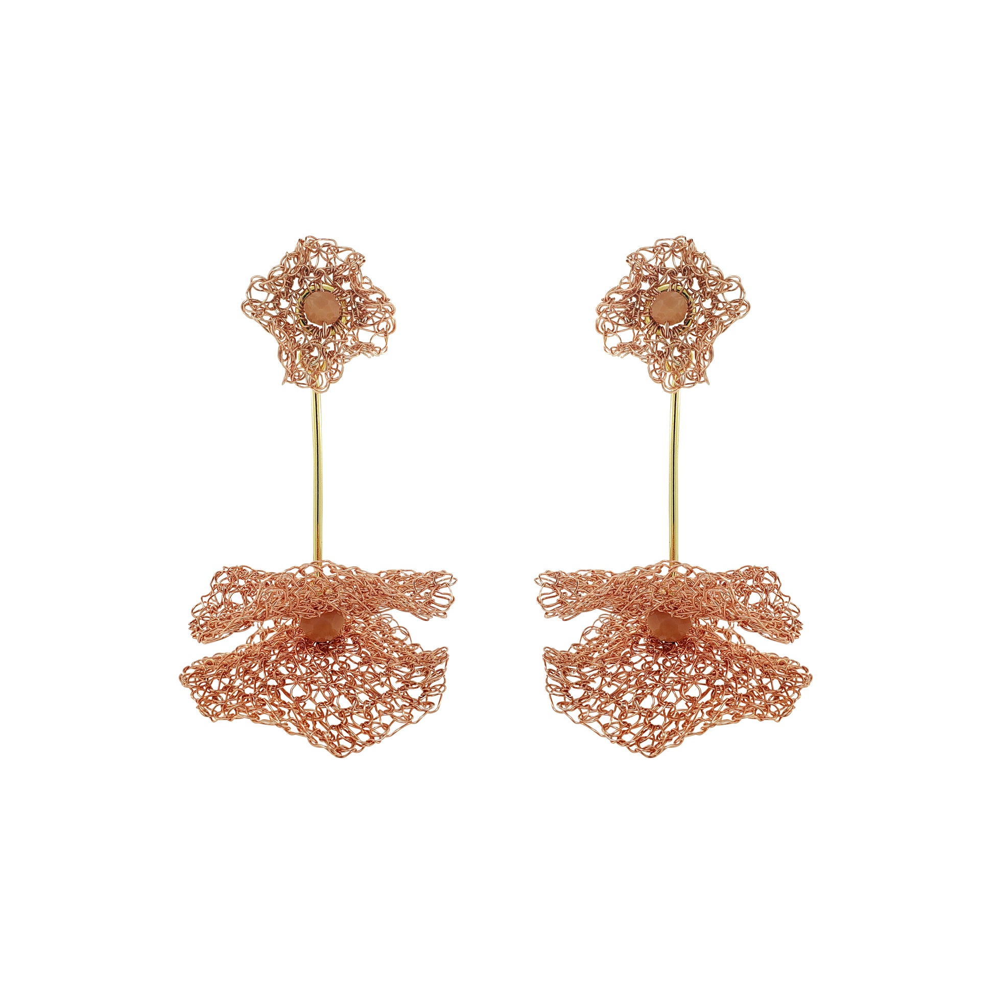 Peach-Pink-Gold-Nalu-maxi-dangle-Handmade-Crochet-Earrings handmade-crochet-large-dangle-with-unique-design-18k-gold-filled-wire-hypoallergenic-lightweight-statement