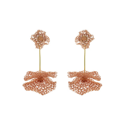 Peach-Pink-Gold-Nalu-maxi-dangle-Handmade-Crochet-Earrings handmade-crochet-large-dangle-with-unique-design-18k-gold-filled-wire-hypoallergenic-lightweight-statement