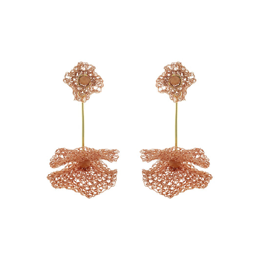 Peach-Pink-Gold-Nalu-maxi-dangle-Handmade-Crochet-Earrings handmade-crochet-large-dangle-with-unique-design-18k-gold-filled-wire-hypoallergenic-lightweight-statement