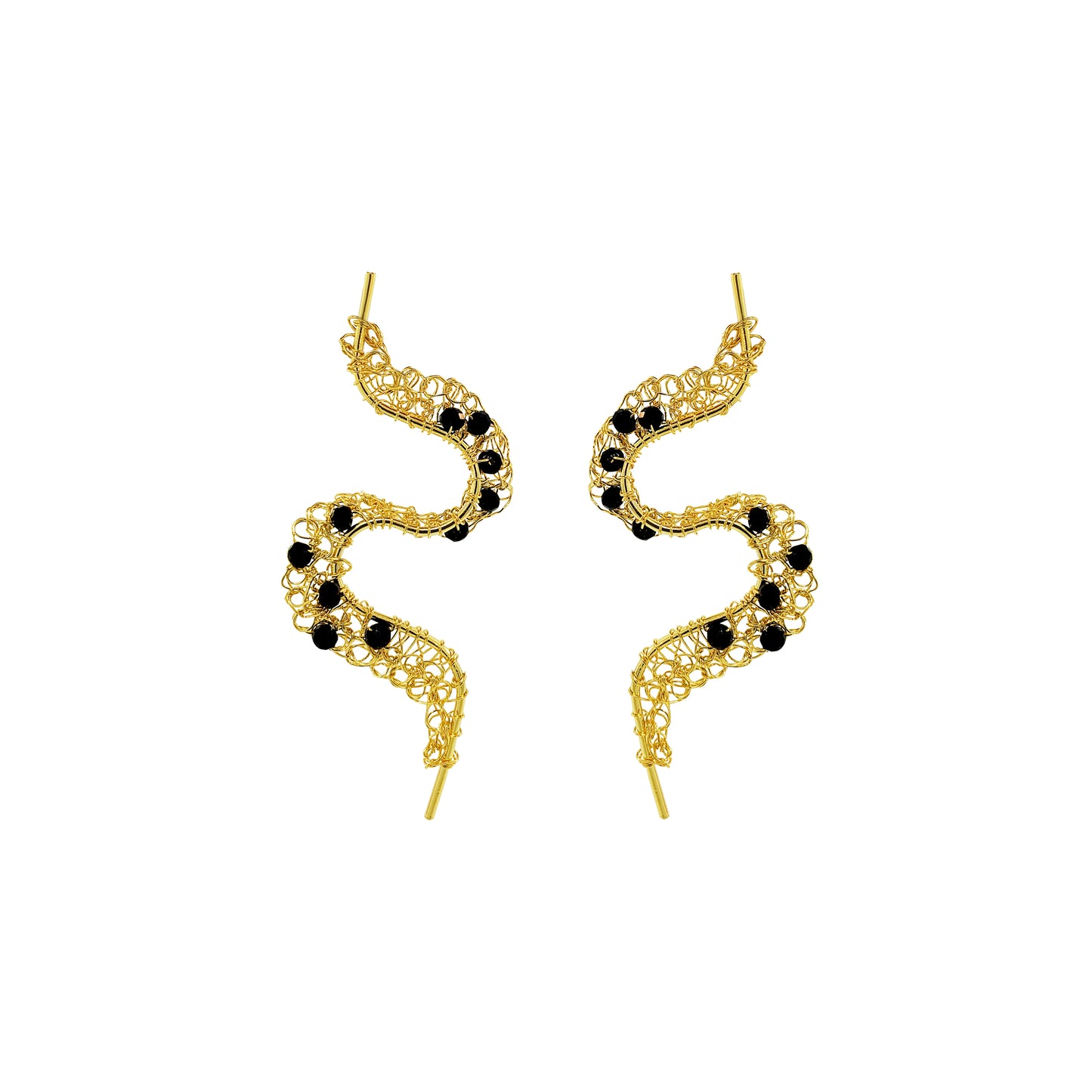 Black-Gold-Nalu-Handmade-Crochet-Earrings-handmade-crochet-drop-with-unique-design-18k-gold-filled-wire-hypoallergenic-lightweight-statement- organic