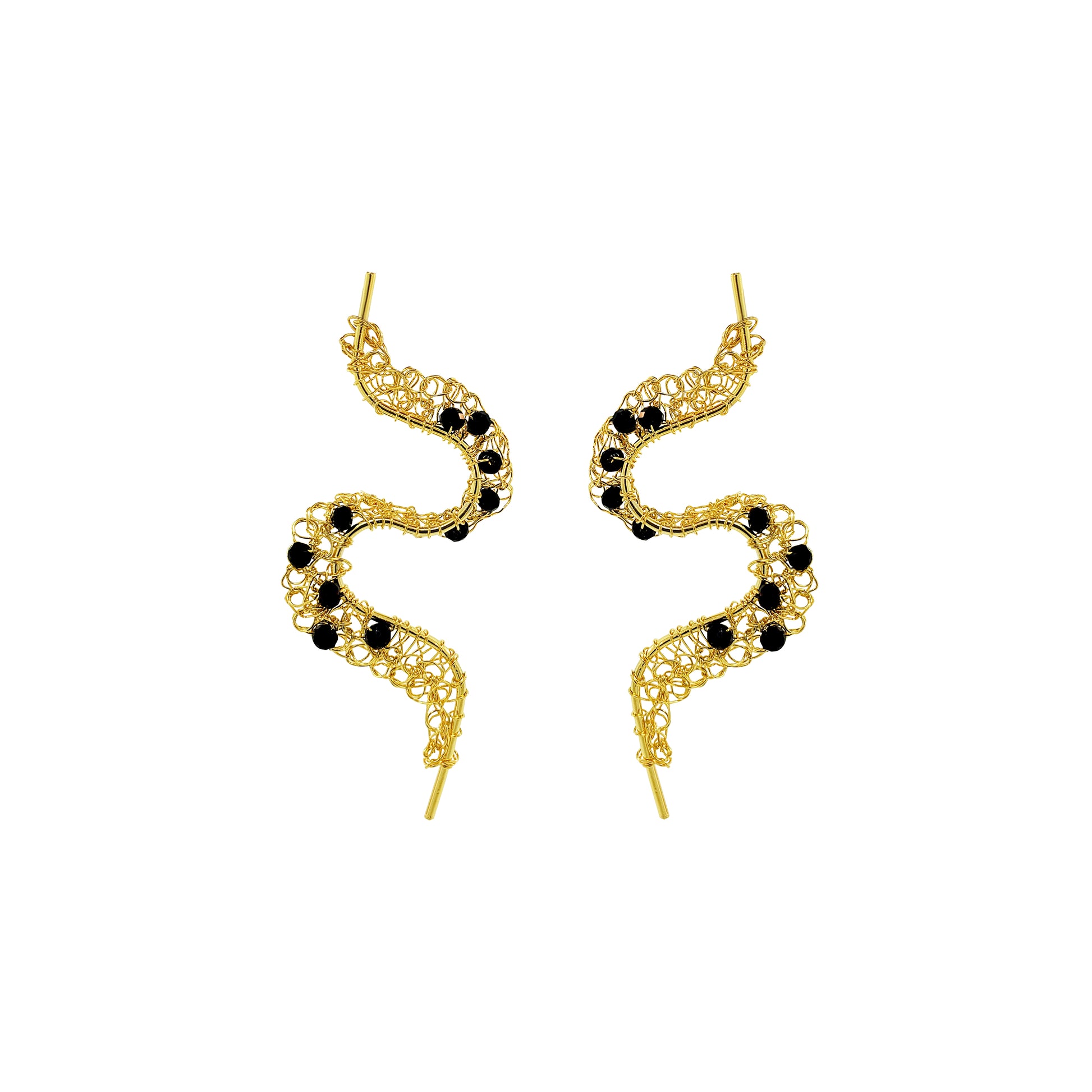 Black-Gold-Nalu-Handmade-Crochet-Earrings-handmade-crochet-drop-with-unique-design-18k-gold-filled-wire-hypoallergenic-lightweight-statement- organic