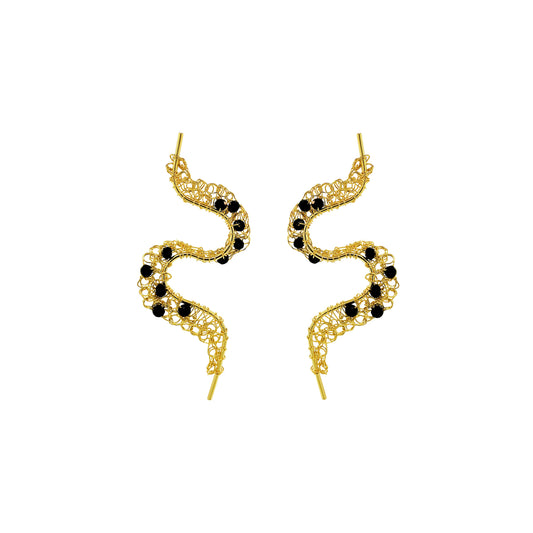 Black-Gold-Nalu-Handmade-Crochet-Earrings-handmade-crochet-drop-with-unique-design-18k-gold-filled-wire-hypoallergenic-lightweight-statement- organic