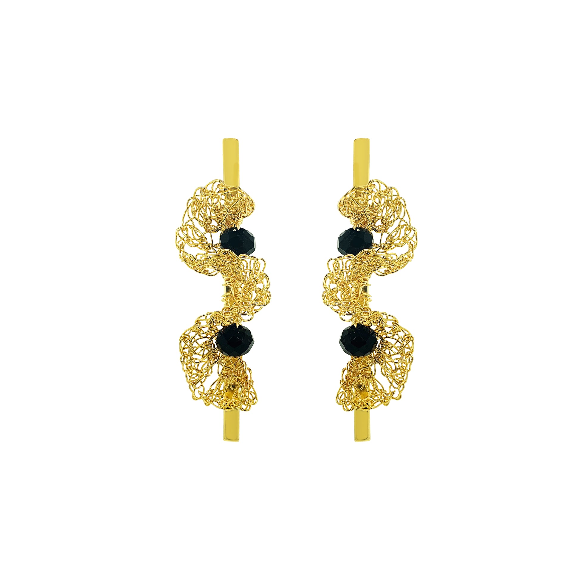 Black-Gold-Nalu-Mini-Drop-Handmade-Crochet-Earrings-handmade-crochet-drop-with-unique-design-18k-gold-filled-wire-hypoallergenic-lightweight-statement