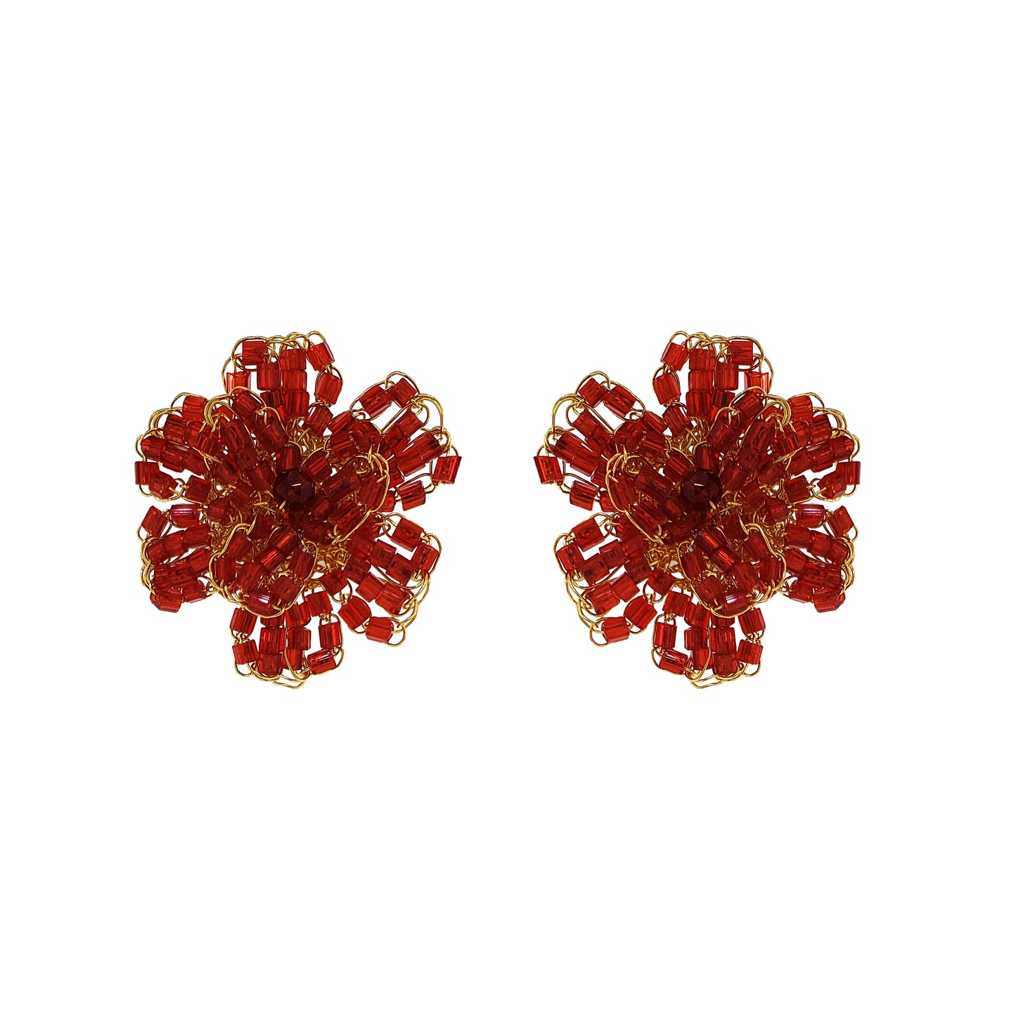Red & Gold Aster Post Handmade Crochet Earrings