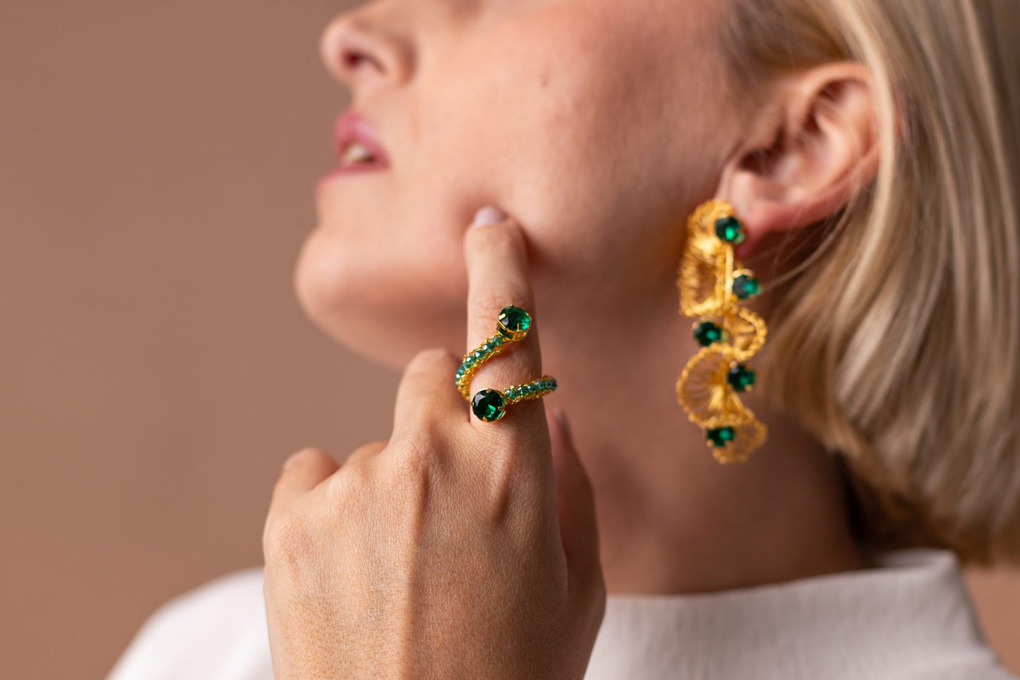 Ruffled Prism Emerald Handmade Crochet Earrings
