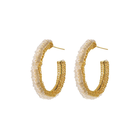 White & Gold Maya Hoops Handmade Crochet Earrings