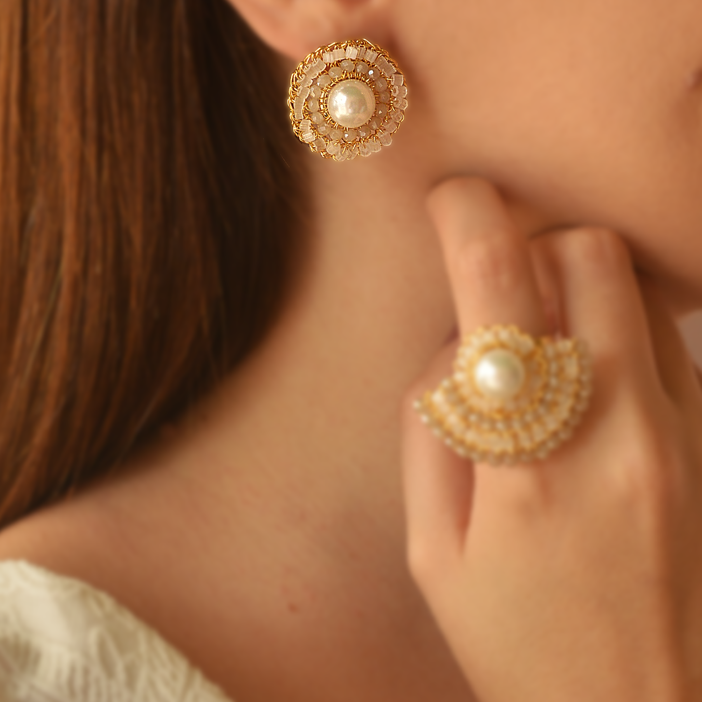 Pearl & Gold Post Handmade Crochet Earring