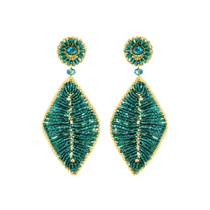 Teal Green & Gold Leaf Handmade Crochet Earrings