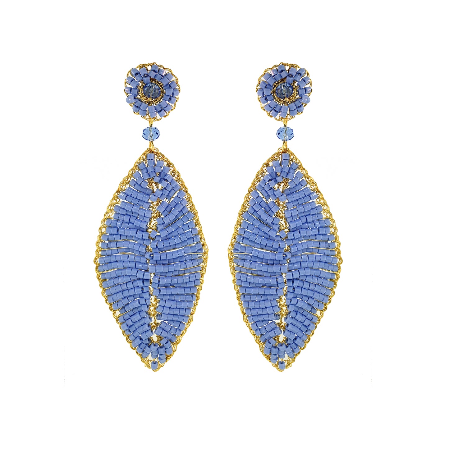 Sky Blue & Gold Leaf Handmade Crochet Earrings