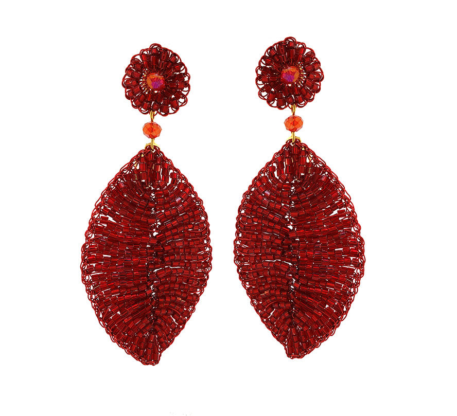 Red Velvet Leaf Handmade Crochet Earrings