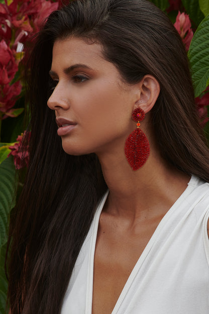 Red Velvet Leaf Handmade Crochet Earrings