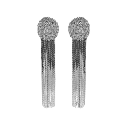 All Silver Spheres Fringe Handmade Crochet Earrings