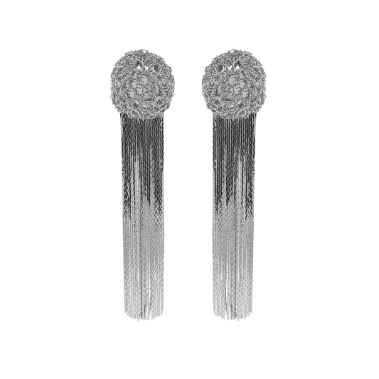 All Silver Spheres Fringe Handmade Crochet Earrings