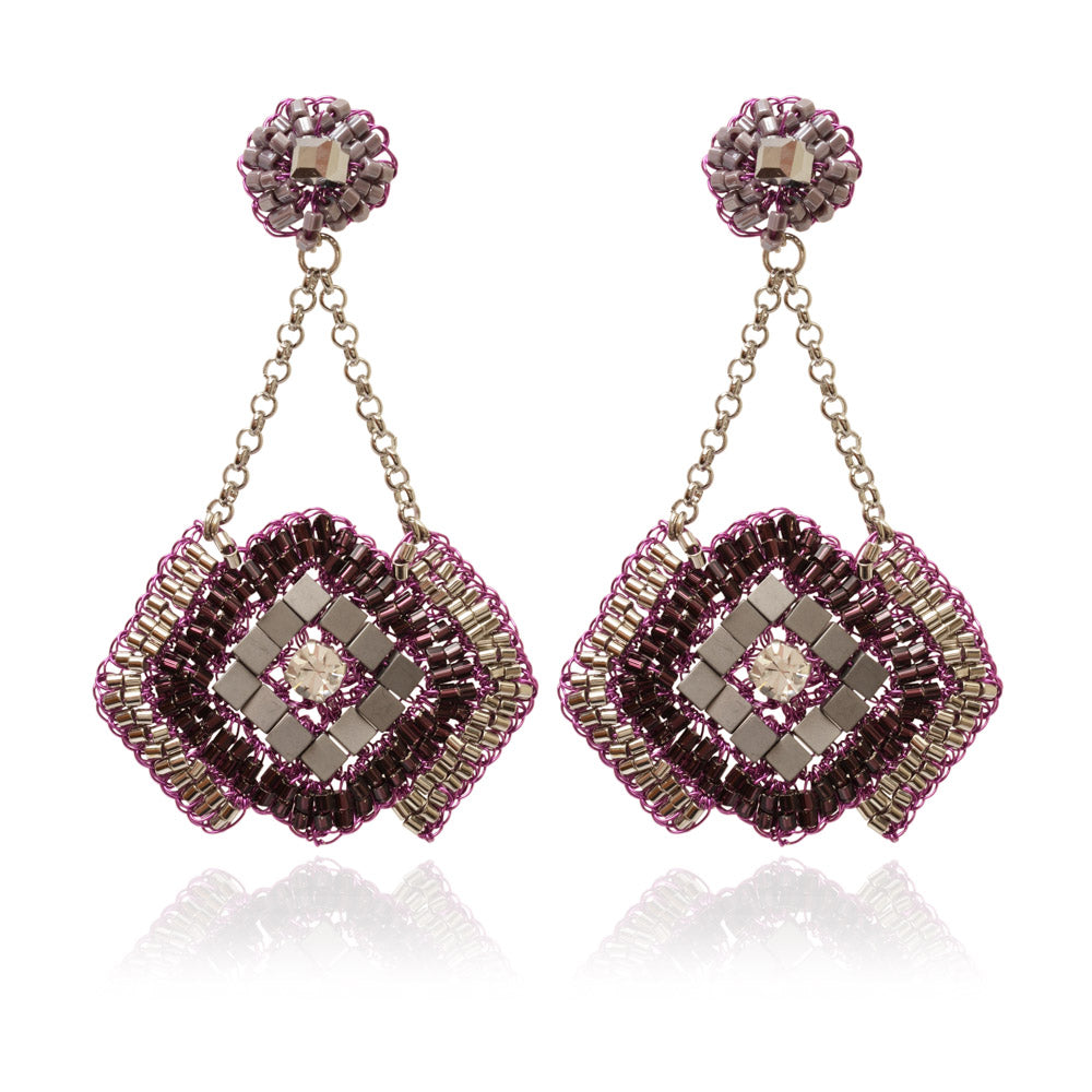 Purple & Silver Mix  Geometric Dangle Handmade Crochet Earrings