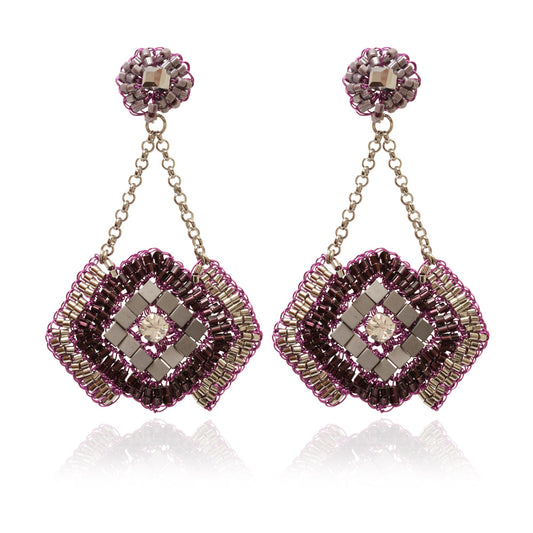 Purple & Silver Mix  Geometric Dangle Handmade Crochet Earrings