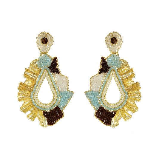 Blue & Gold Ruffled Teardrop Handmade Crochet Large Earrings
