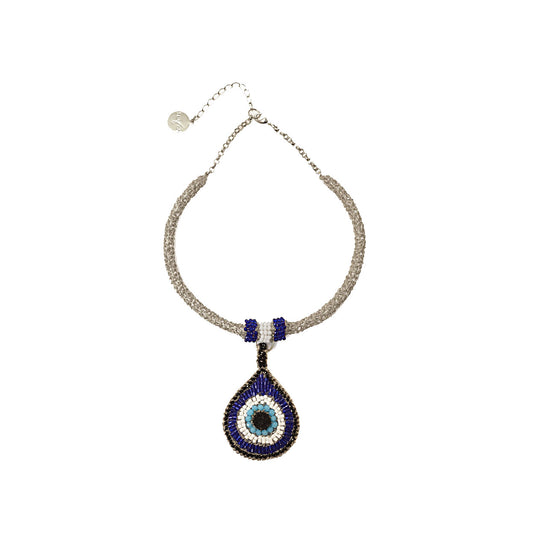 Blues & Silver Evil Eye Maxi Handmade Crochet Necklace