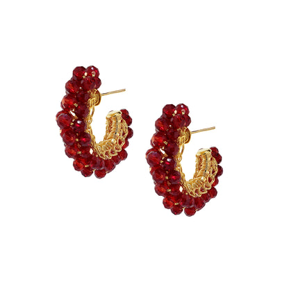 Cherry Red & Gold Dandelions Hoops Handmade Earrings