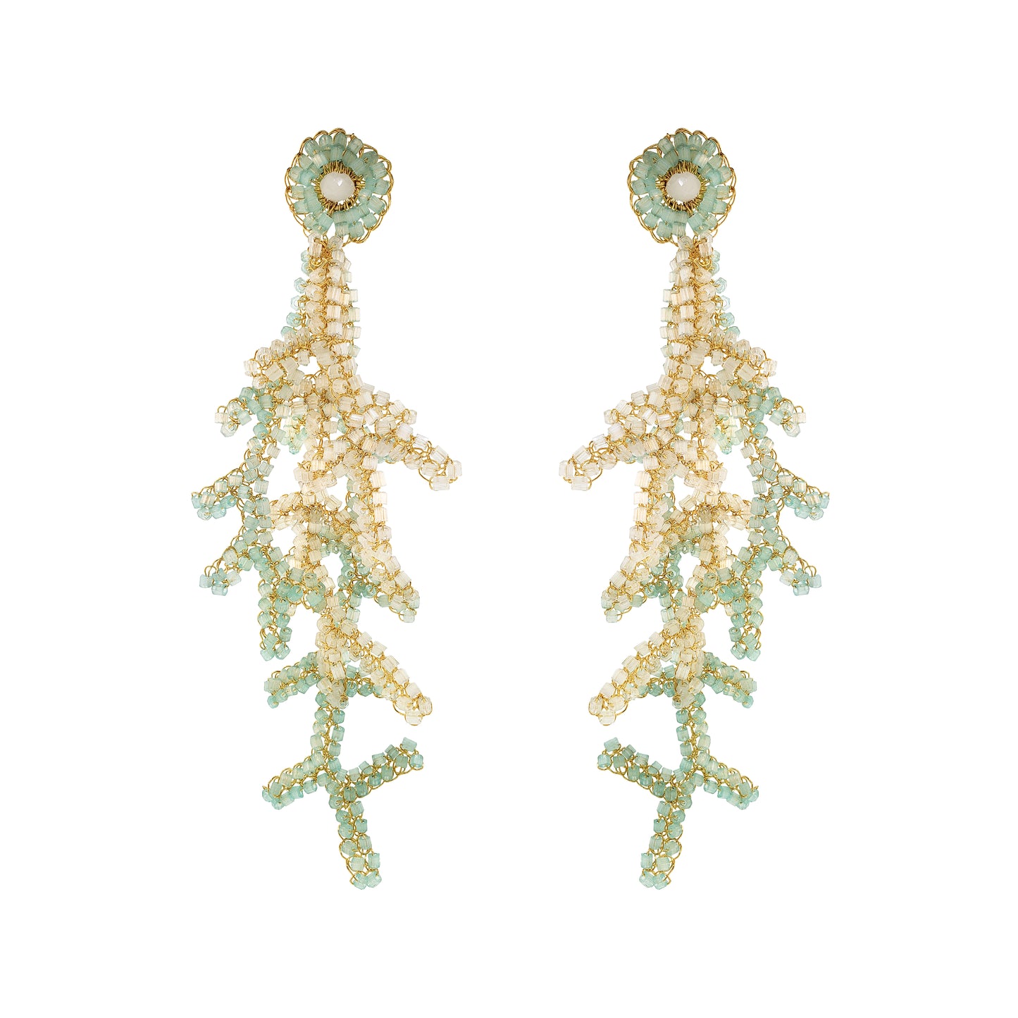 Blue & White Mix Coral Branches Long Handmade Crochet Earrings