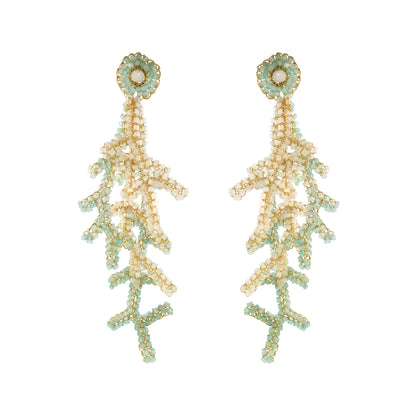 Blue & White Mix Coral Branches Long Handmade Crochet Earrings