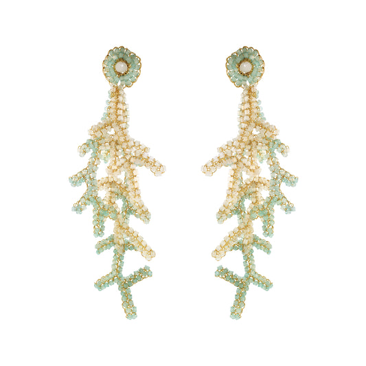 Blue & White Mix Coral Branches Long Handmade Crochet Earrings